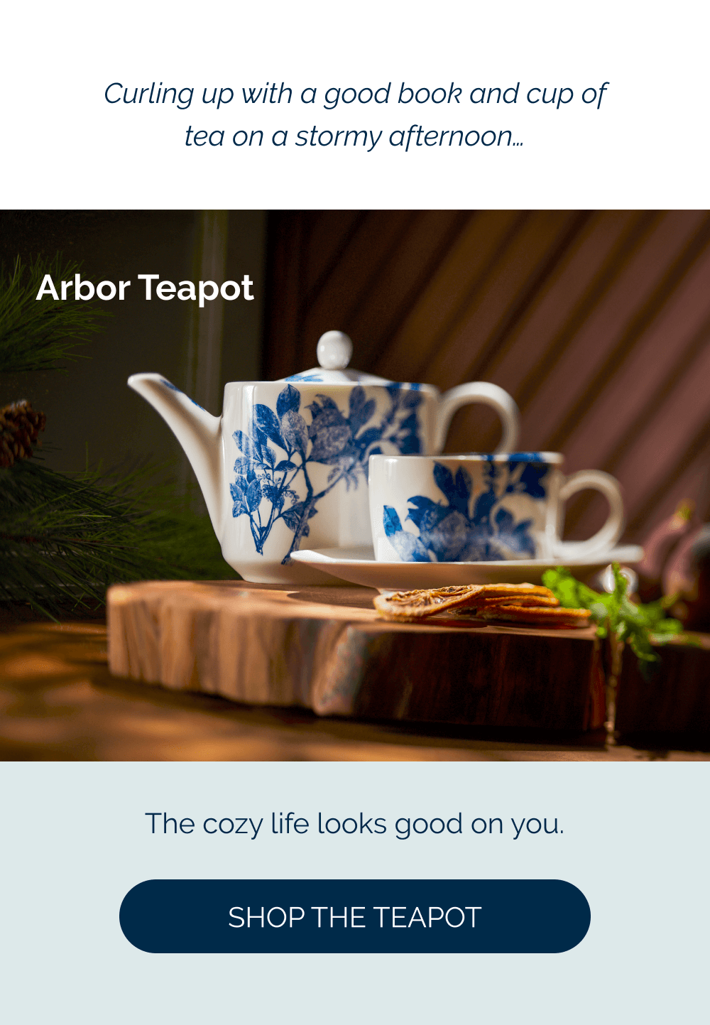 Curling up with a good book and cup of tea on a stormy afternoon…  The cozy life looks good on you.  Arbor Teapot [Shop the Teapot]