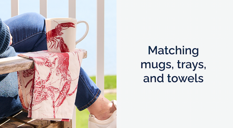 Matching mugs, trays, and towels