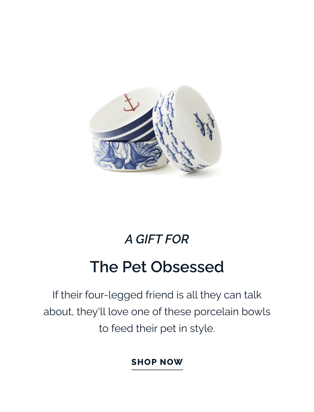 A GIFT FOR THE PET OBSESSED. If their four-legged friend is all they can talk about, they'll love one of these porcelain bowls to feed their pet in style. SHOP NOW