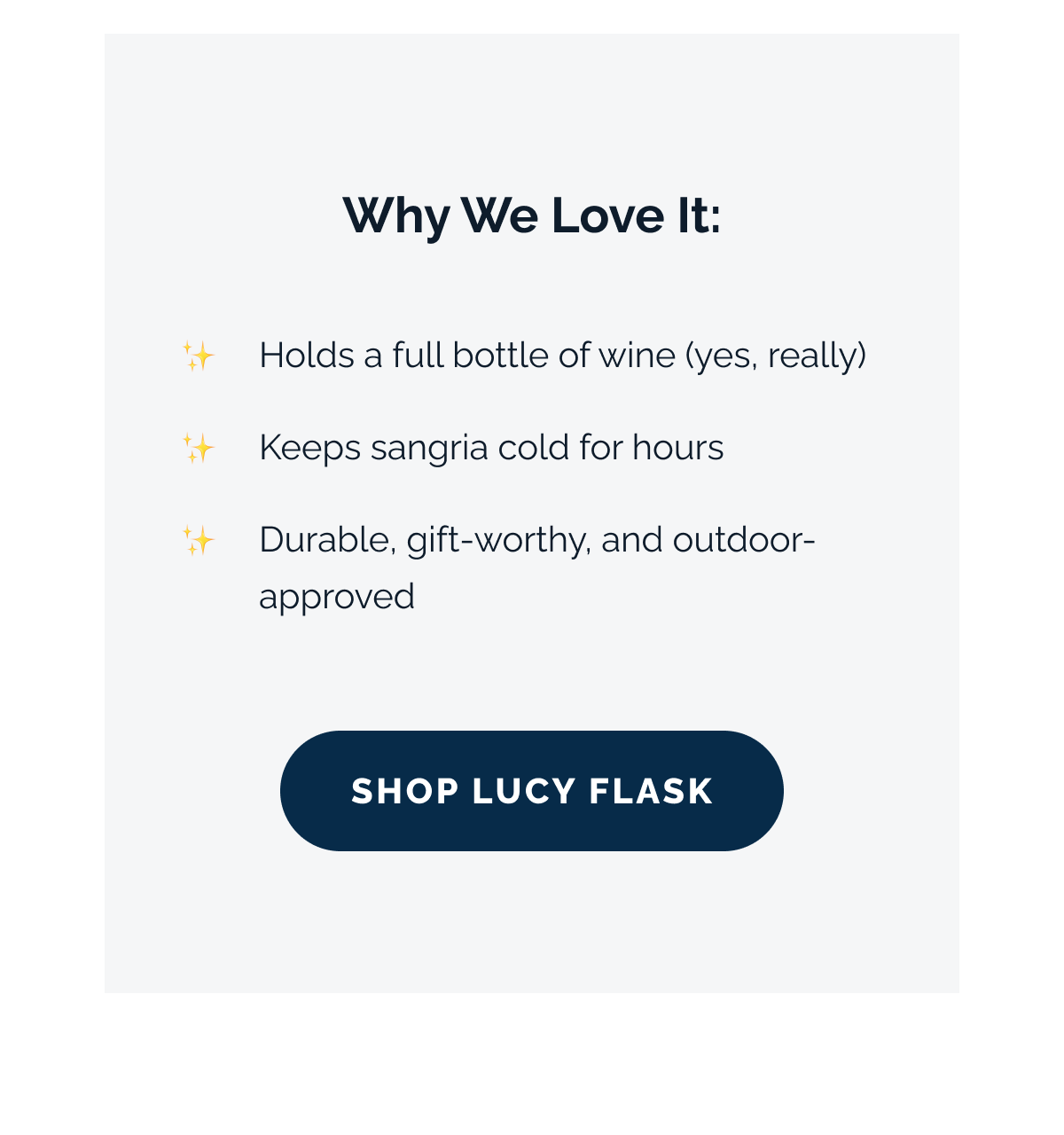 Why We Love It:  ✔️ Holds a full bottle of wine (yes, really)  ✔️ Keeps sangria cold for hours  ✔️ Durable, gift-worthy, and outdoor-approved. SHOP LUCY FLASK