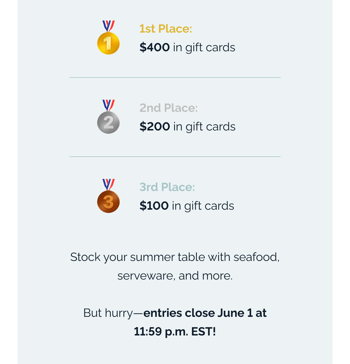 🏆 1st Place: $400 in gift cards 🥈 2nd Place: $200 in gift cards 🥉 3rd Place: $100 in gift cards. Stock your summer table with seafood, serveware, and more. But hurry—entries close June 1 at 11:59 p.m. EST!