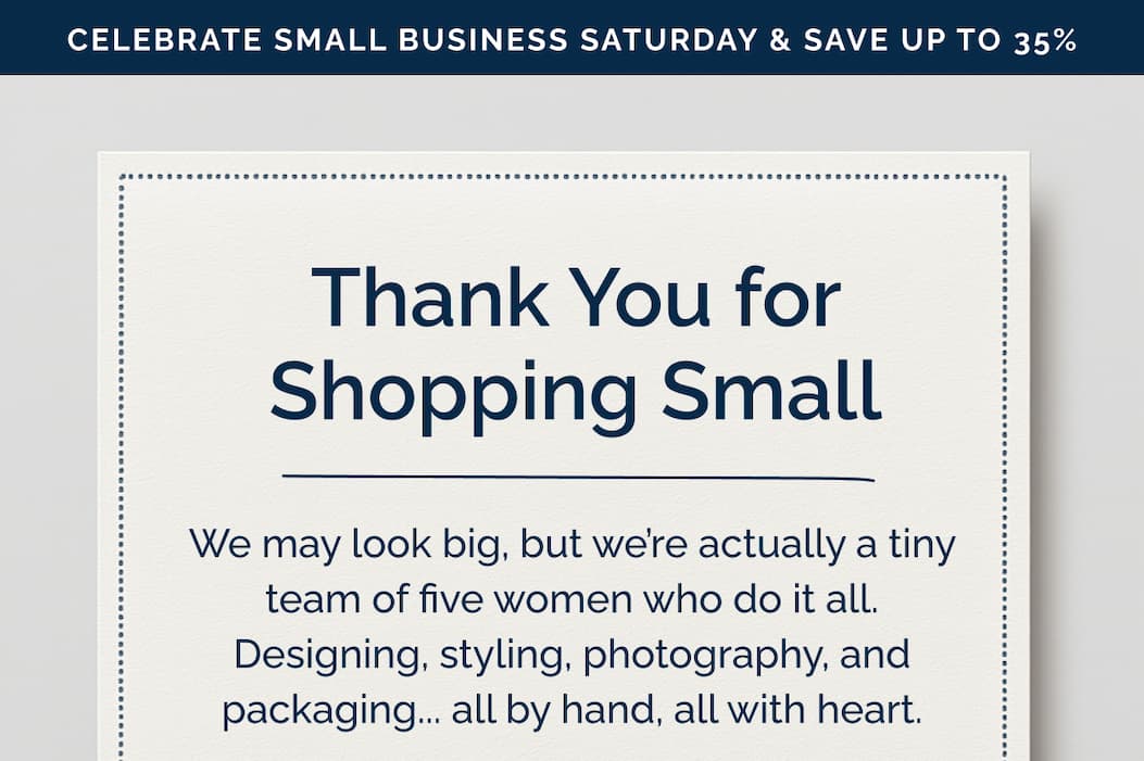 Celebrate Small Business Saturday and save up to 35%! Thank you for shopping small