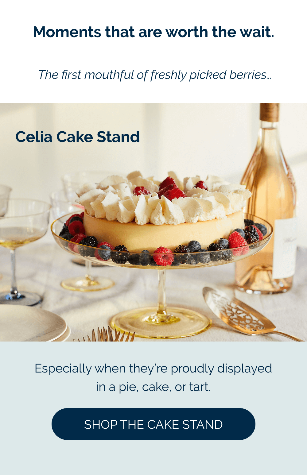Moments that are worth the wait.    The first mouthful of freshly picked berries…  Especially when they're proudly displayed in a pie, cake, or tart.  Celia Cake Stand [Shop the Cake Stand]