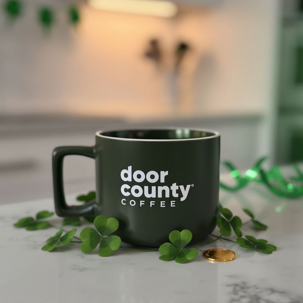 an image of a coffee cup with shamrock leaves on a counter