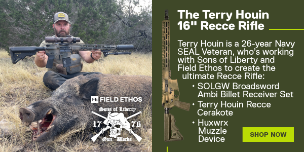 The Terry Houin 16" Recce Rifle. Terry Houin is a 26-year Navy SEAL Veteran, whho's working with Sons of Liberty and Field Ethos to create the Ultimate Recce Rifle: SOLGW Broadsword Ambi billet receiver set. Terry Houin Recce Cerakote. HUXWRX Muzzle Device