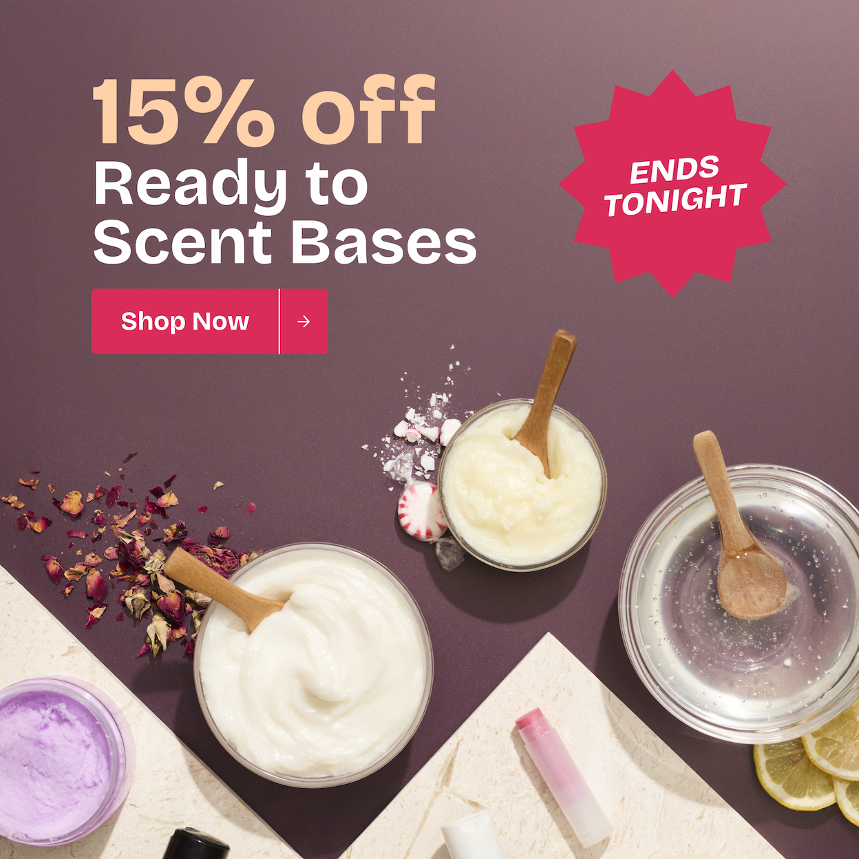 Ready to Scent Bases (soap/scents bases; includes items like foaming bath whip, lip balm base, artisan’s perfume base, reed diffuser base, lotion base, bubble bath)