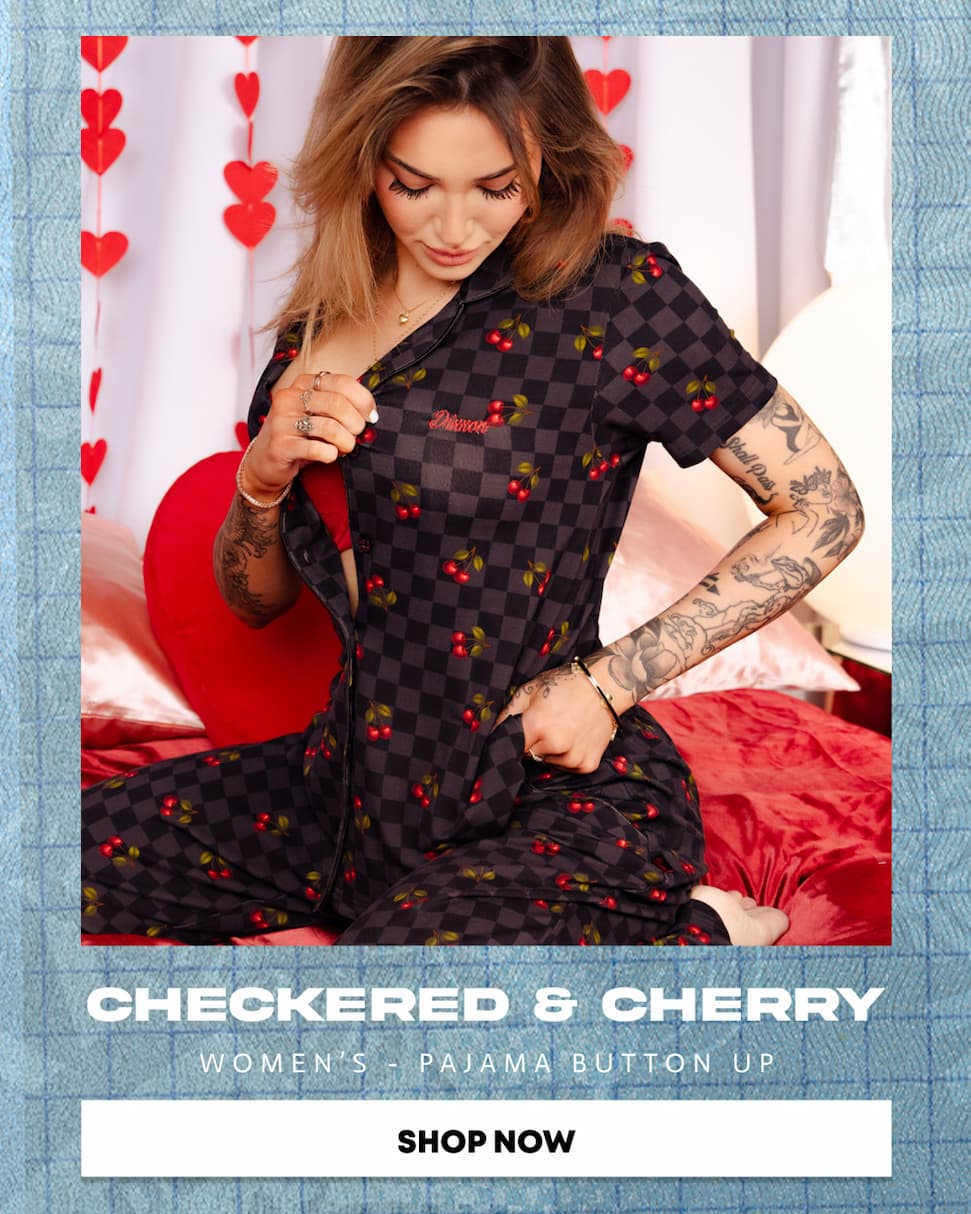 Women's Black Checkered and Cherry Button Up Pajama Top