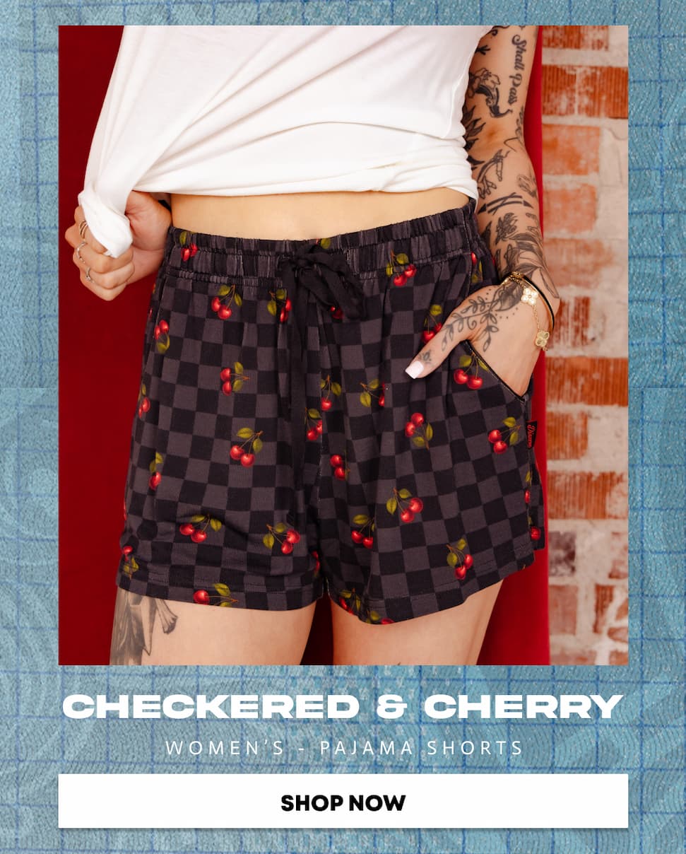 Women's Black Checkered and Cherry Pajama Shorts