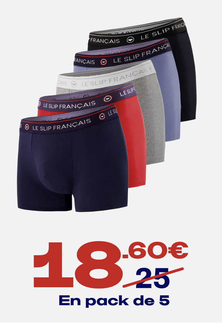 CINQUO DE BOXERS EN COTON - PACK CINQUO BOXER REDOUTABLE NOIR BLEU JEAN MARINE ROUGE CERISE GRIS CHINÉ