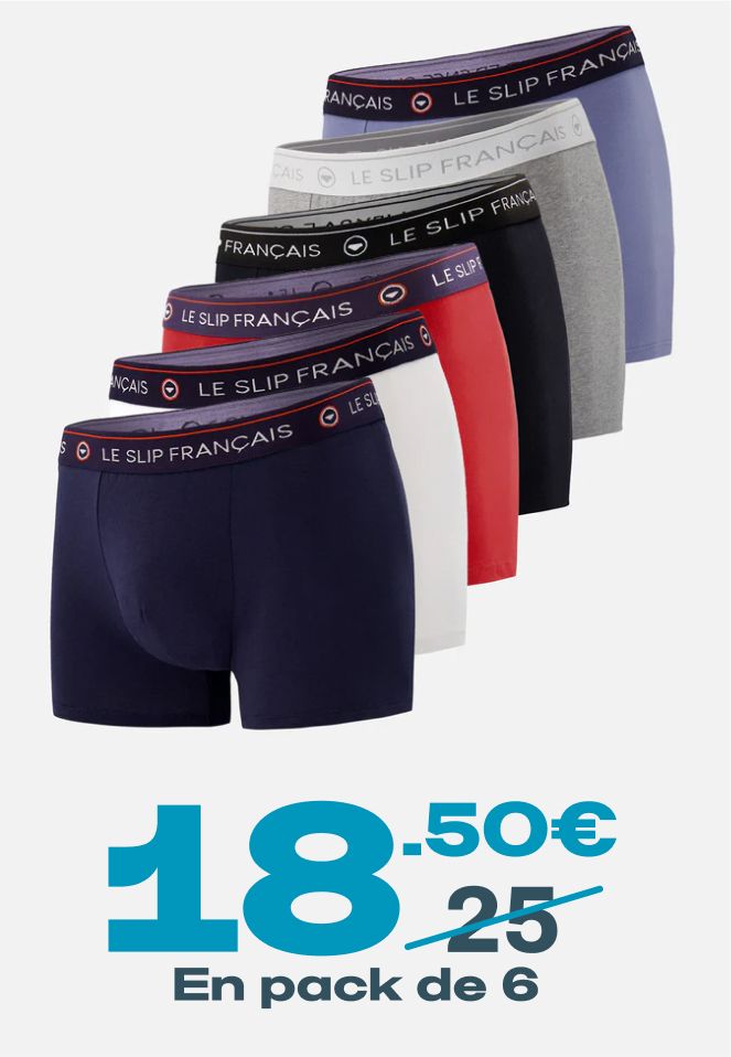 SIX PACK BOXERS EN COTON - PACK 6 BOXER REDOUTABLE NOIR BLANC MARINE ROUGE CERISE GRIS CHINÉ BLEU JEAN