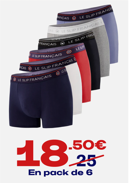 SIX PACK BOXERS EN COTON - PACK 6 BOXER REDOUTABLE NOIR BLANC MARINE ROUGE CERISE GRIS CHINÉ BLEU JEAN