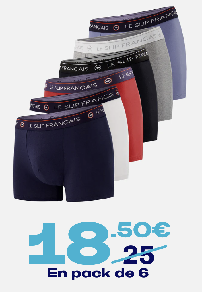 SIX PACK BOXERS EN COTON - PACK 6 BOXER REDOUTABLE NOIR BLANC MARINE ROUGE CERISE GRIS CHINÉ BLEU JEAN
