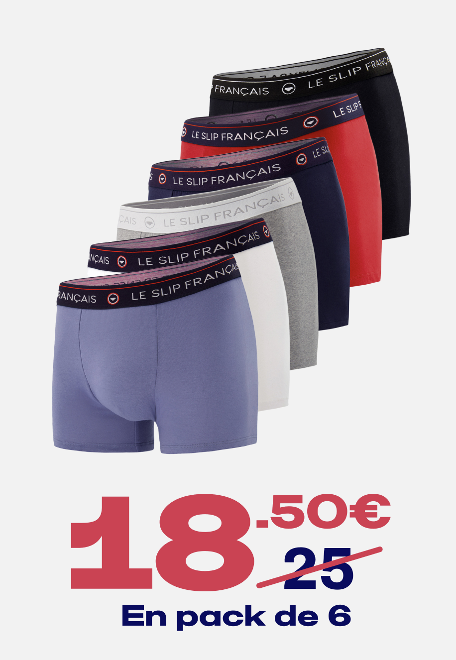 SIX PACK BOXERS EN COTON - PACK 6 BOXER REDOUTABLE NOIR BLANC MARINE ROUGE CERISE GRIS CHINÉ BLEU JEAN