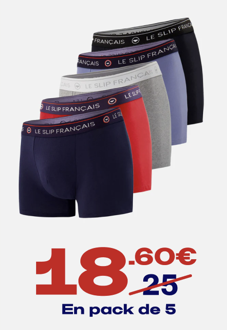 CINQUO DE BOXERS EN COTON - PACK CINQUO BOXER REDOUTABLE NOIR BLEU JEAN MARINE ROUGE CERISE GRIS CHINÉ