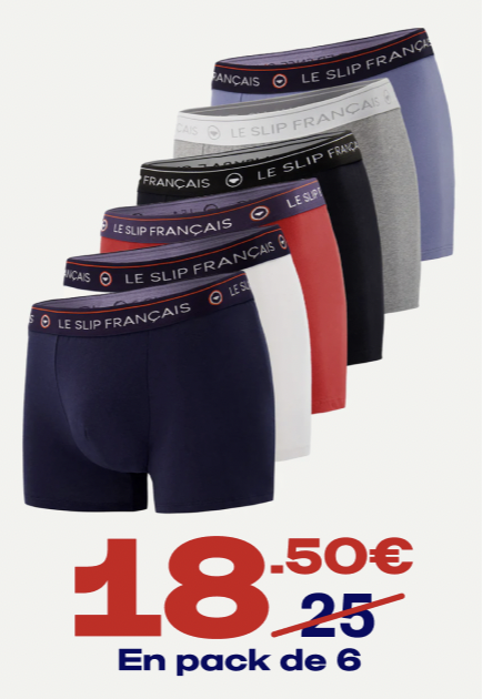SIX PACK BOXERS EN COTON - PACK 6 BOXER REDOUTABLE NOIR BLANC MARINE ROUGE CERISE GRIS CHINÉ BLEU JEAN