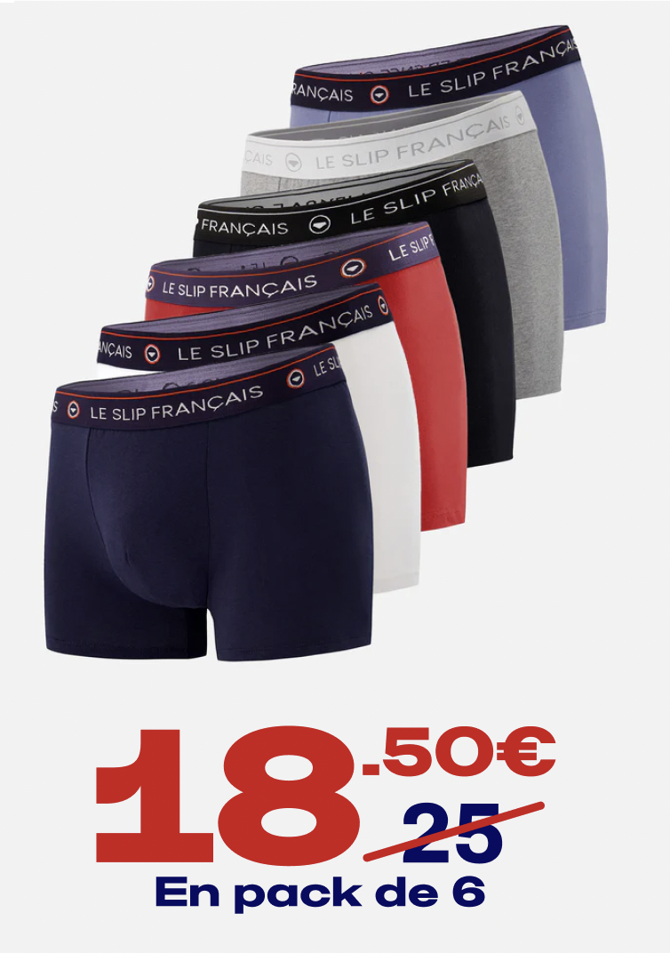 SIX PACK BOXERS EN COTON - PACK 6 BOXER REDOUTABLE NOIR BLANC MARINE ROUGE CERISE GRIS CHINÉ BLEU JEAN