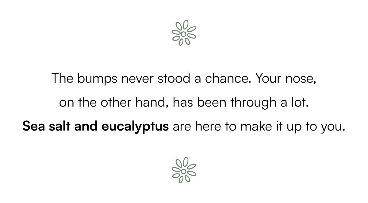 The bumps never stood a chance. Your nose, on the other hand, has been through a lot. Sea salt and eucalyptus are here to make it up to you.