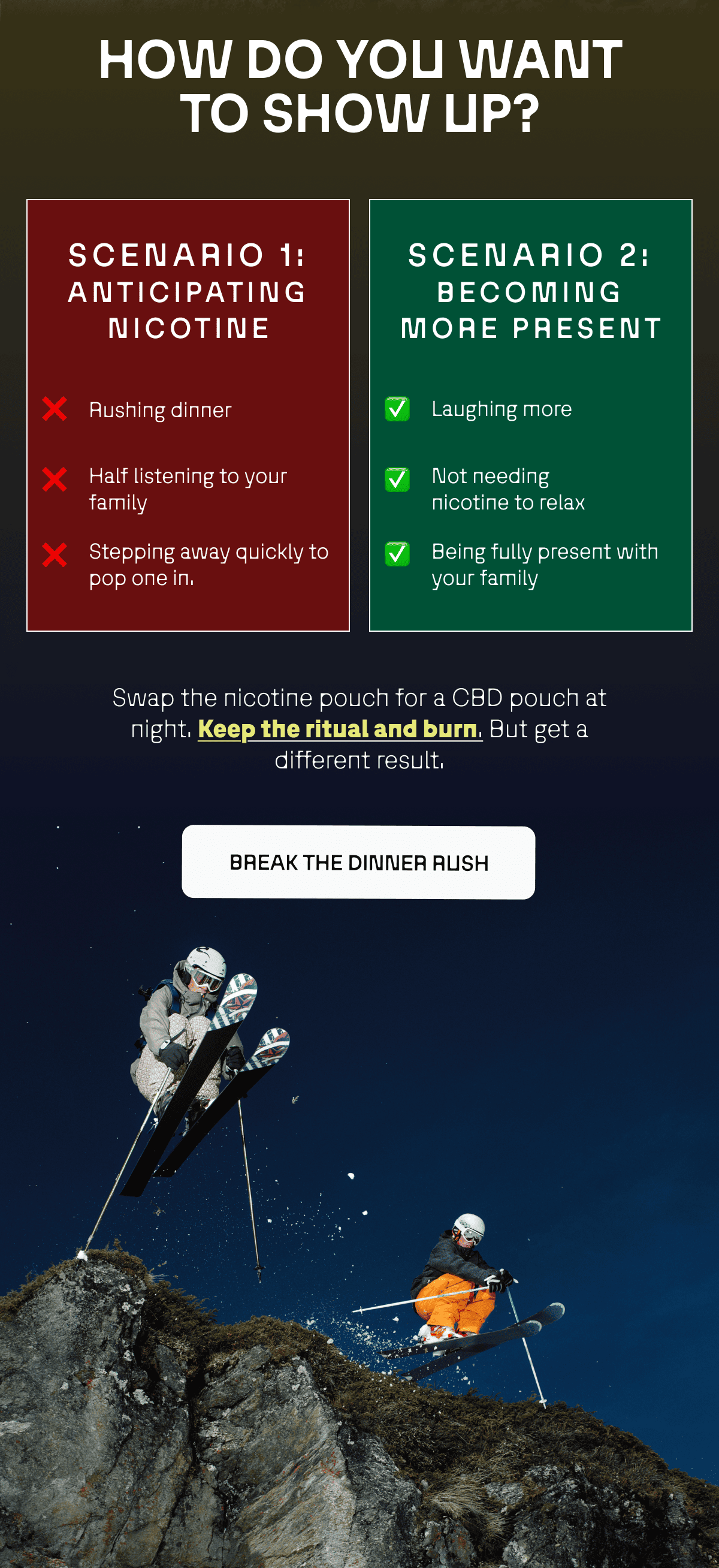 How do you want to show up? Scenario 1 - anticipating nicotine, snappy and rushing dinner. Or scenario 2 - more present and staying at the dinner table. 