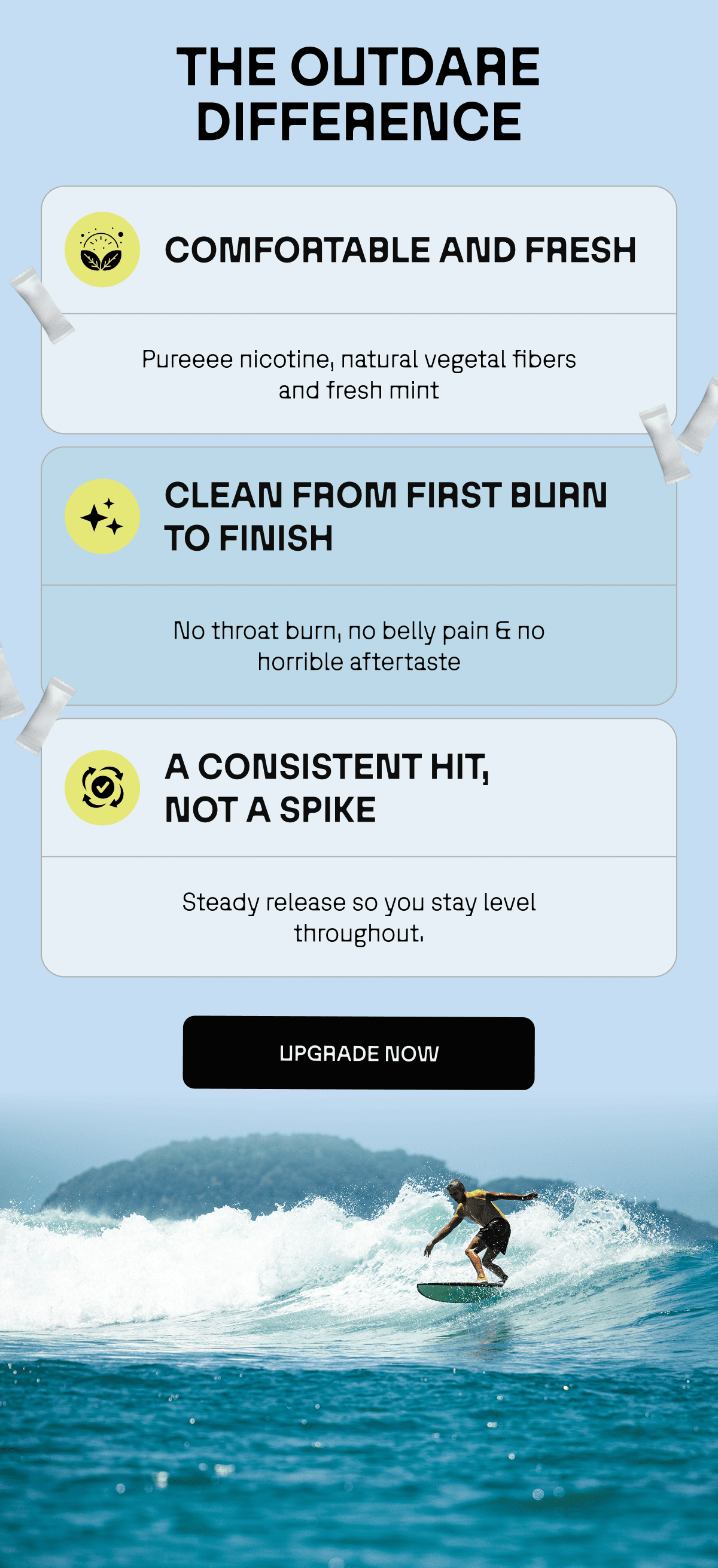 The OutDare difference: comfortable and fresh. Clean from first burn to finish. A constant hit, not a spike. 