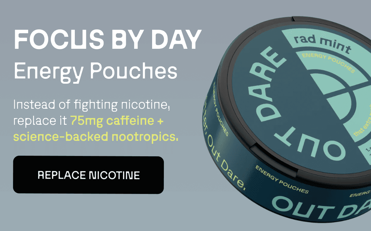 an image of a container of energy pouchs with a text reading focus by day energy pouchs