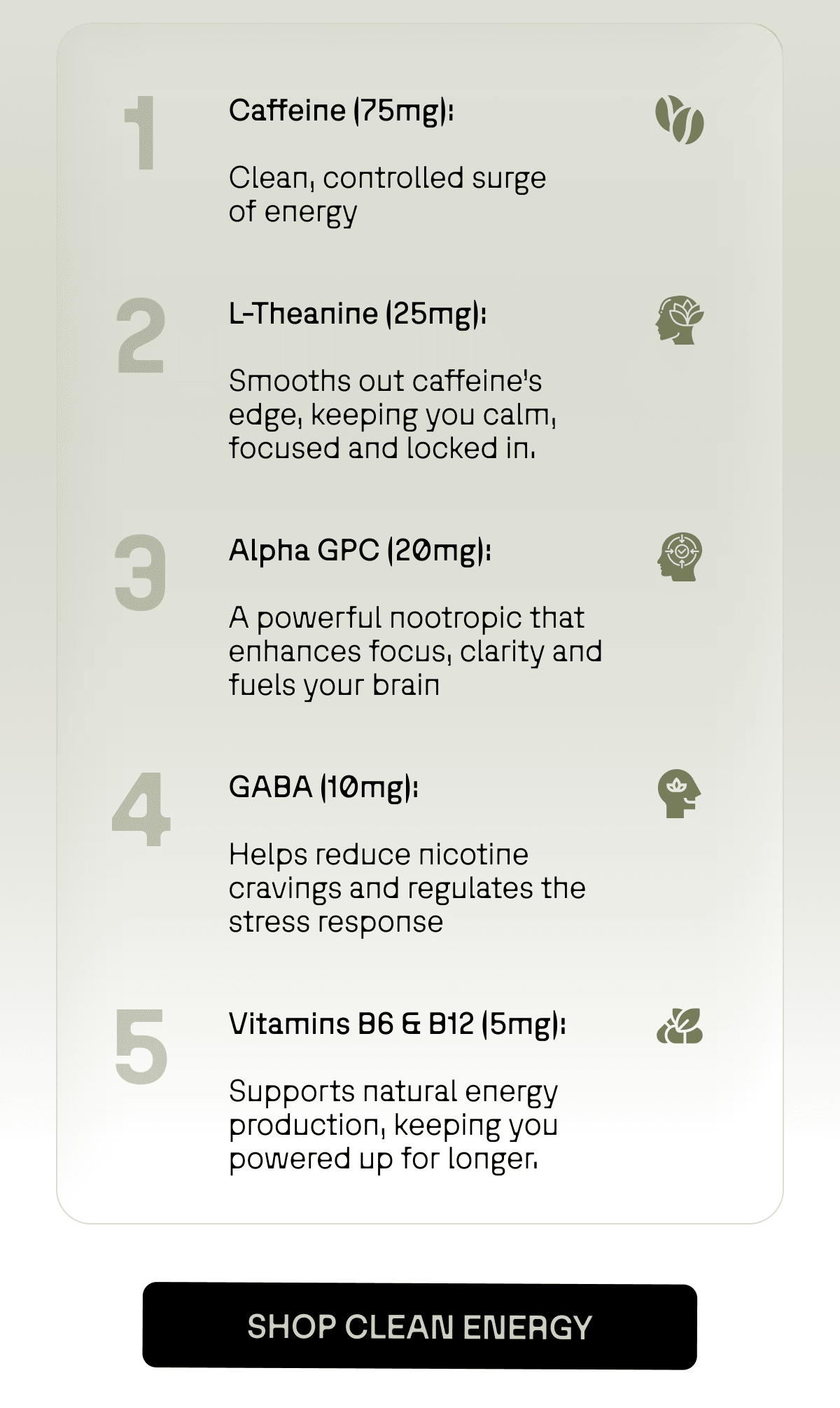 Each pouch contains: 75mg caffeine, 25mg L-Theanine, 20mg Alpha GPC, 10mg GABA and 5mg Vitamins B6&B12