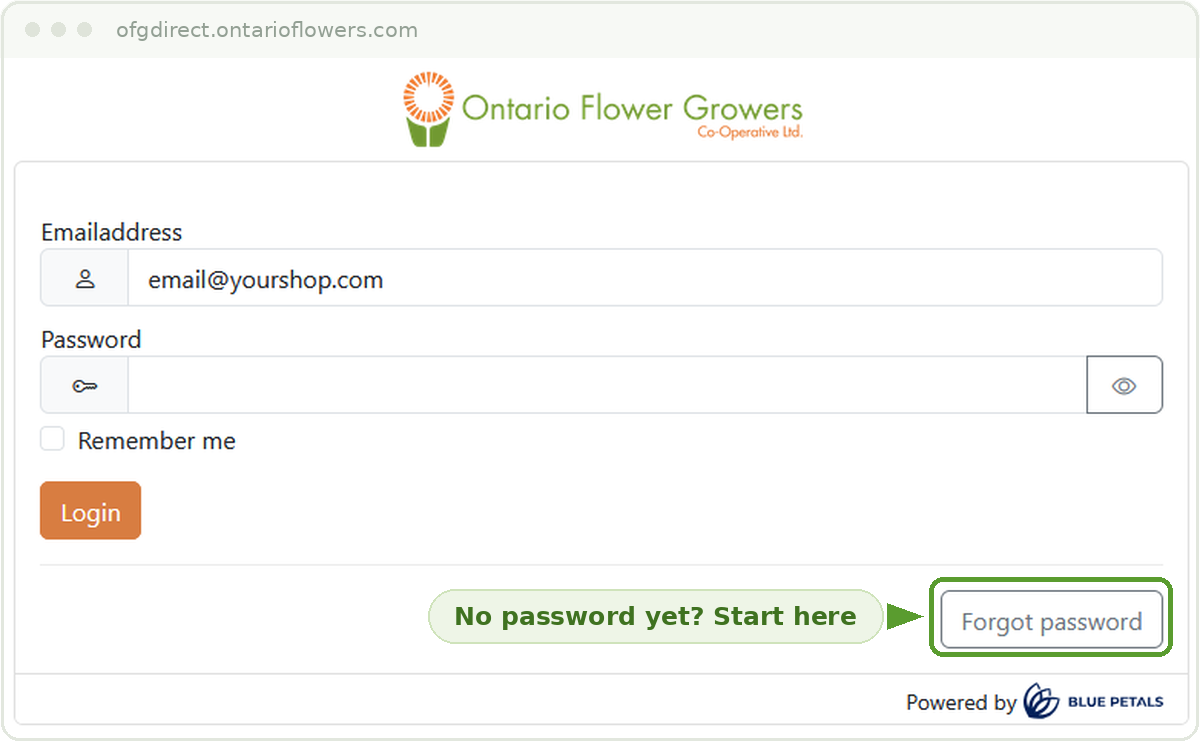 The OFG Direct login screen. Use Forgot password if you do not have one yet.