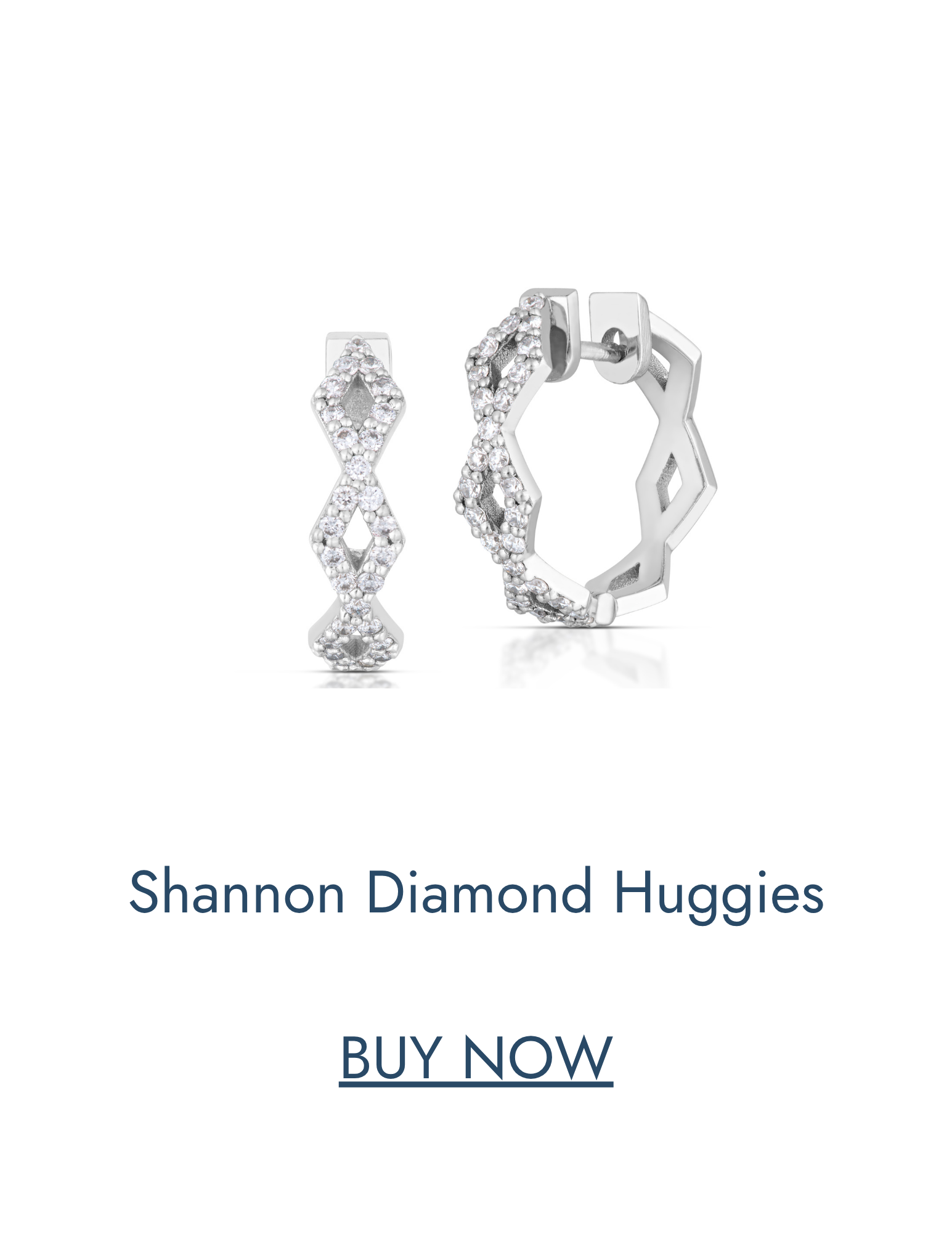 White gold huggie hoop earrings featuring an intricate geometric design with pavé diamonds, shown from front and side views.