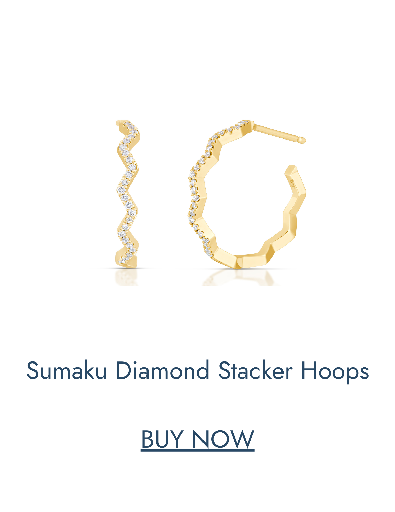 14k yellow gold Sumaku Diamond Stacker hoop earrings featuring a faceted geometric silhouette with pavé diamond detailing, shown in front and side views.