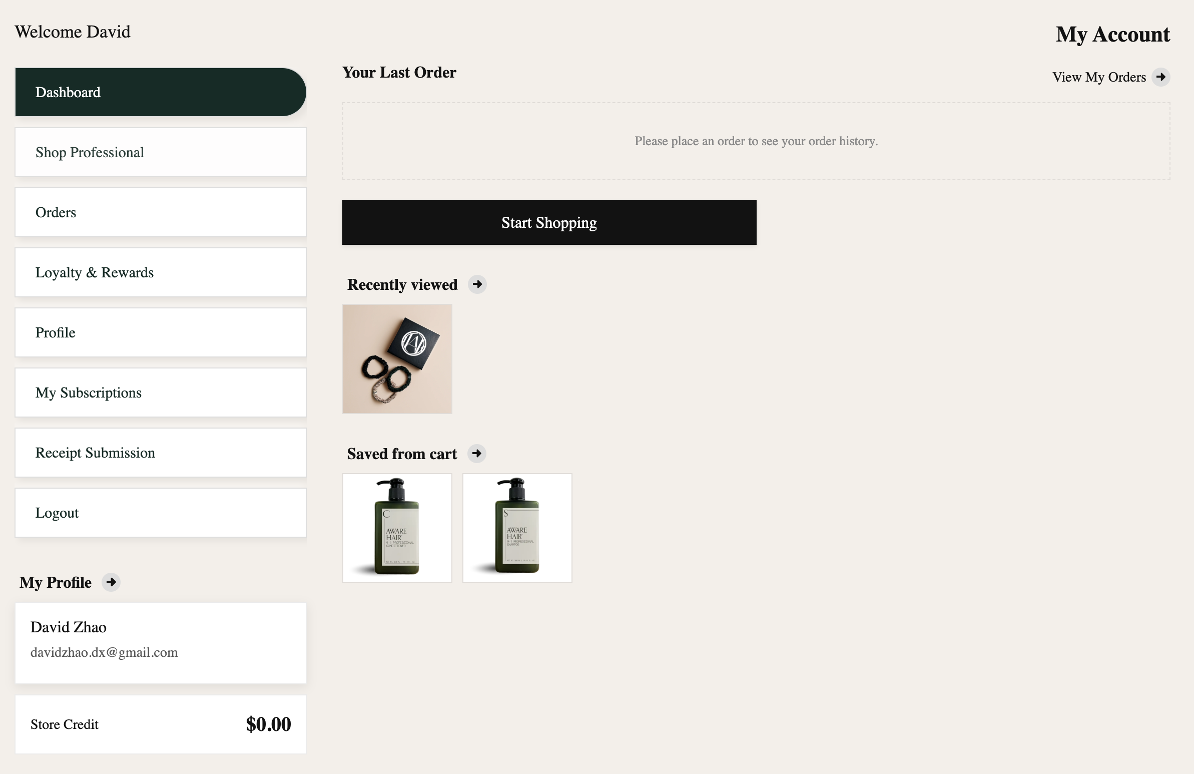 Account dashboard showing Loyalty and Rewards tab in sidebar navigation