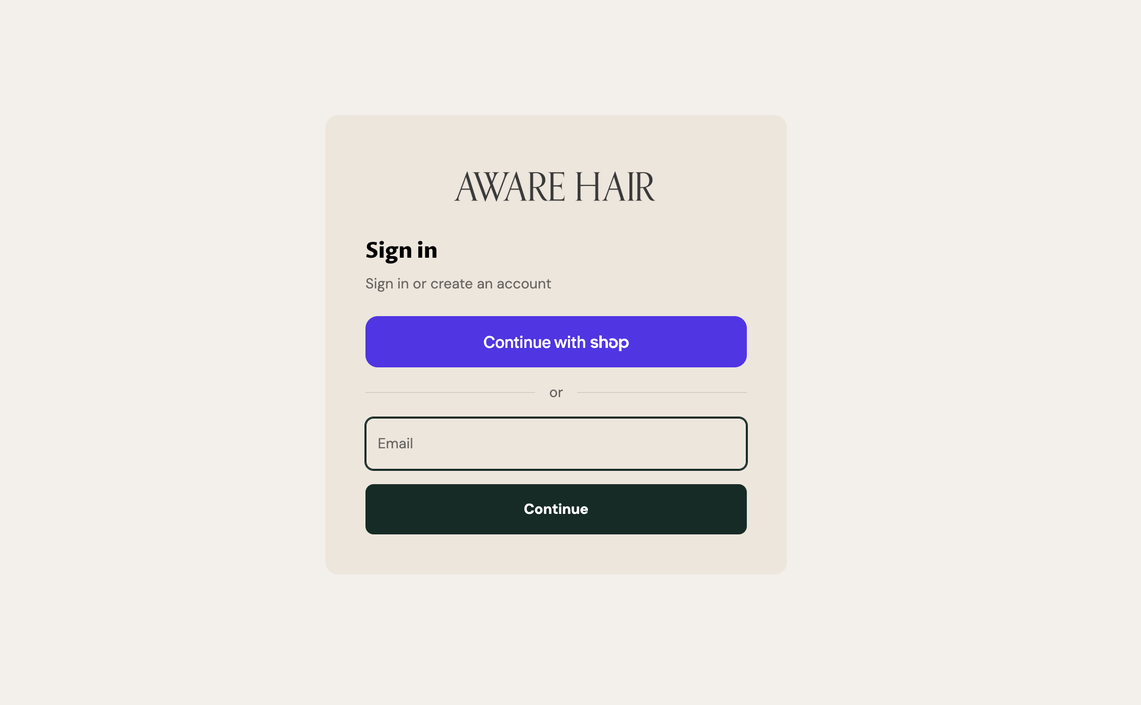 AWARE Hair sign-in page with email field and Continue button