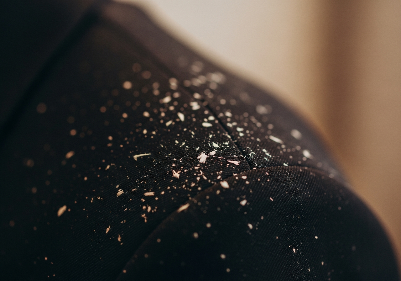 Dandruff flakes on dark clothing
