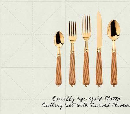 Romilly 5pc Gold Plated Cutlery Set with Carved Olivewood