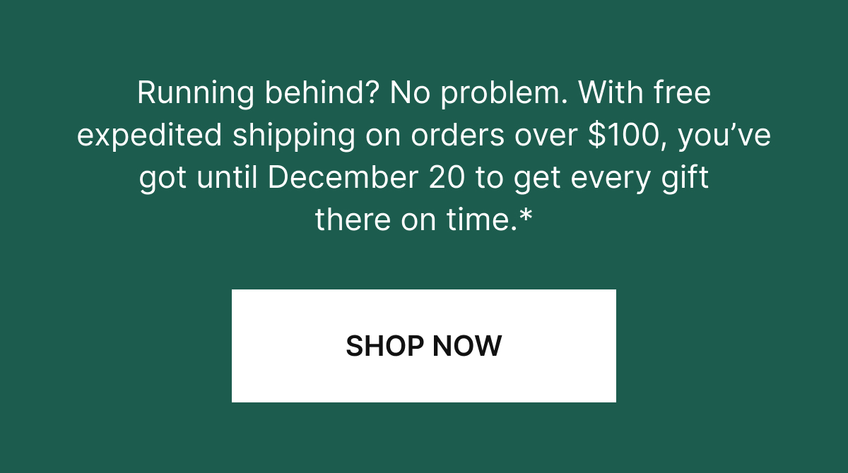 Running behind? No problem. With free expedited shipping on orders over $100, you've got until December 20 to get every gift there on time*.