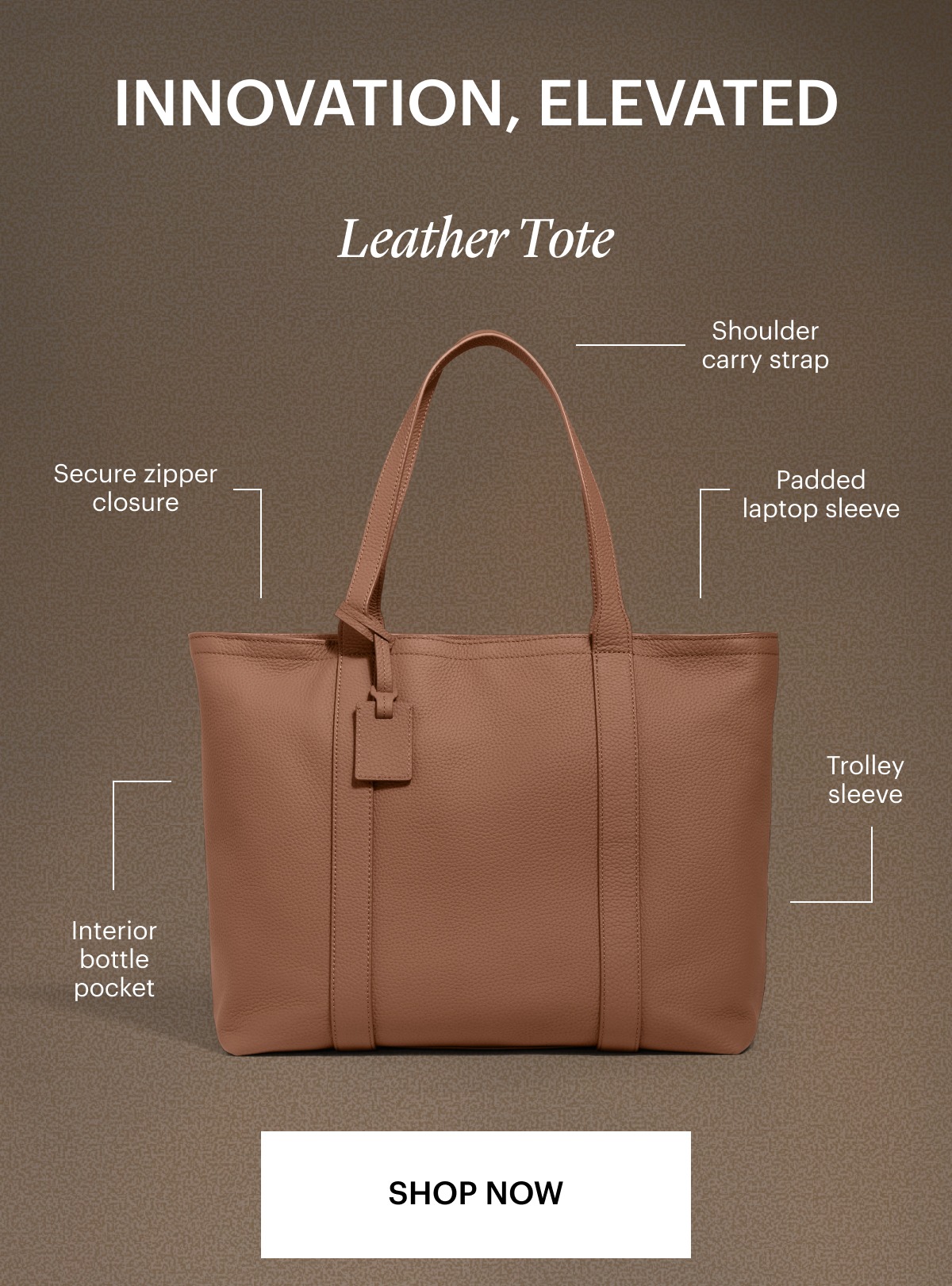 LEATHER TOTE: Secure zipper closure, Shoulder carry strap, Padded laptop sleeve, Interior bottle pocket, Trolley sleeve