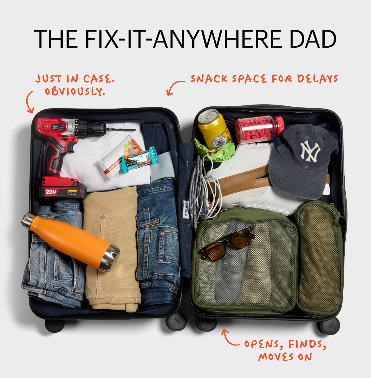 THE FIX-IT-ANYWHERE DAD | Just in case, obviously. Snack space for delays. Opens, finds, moves on.