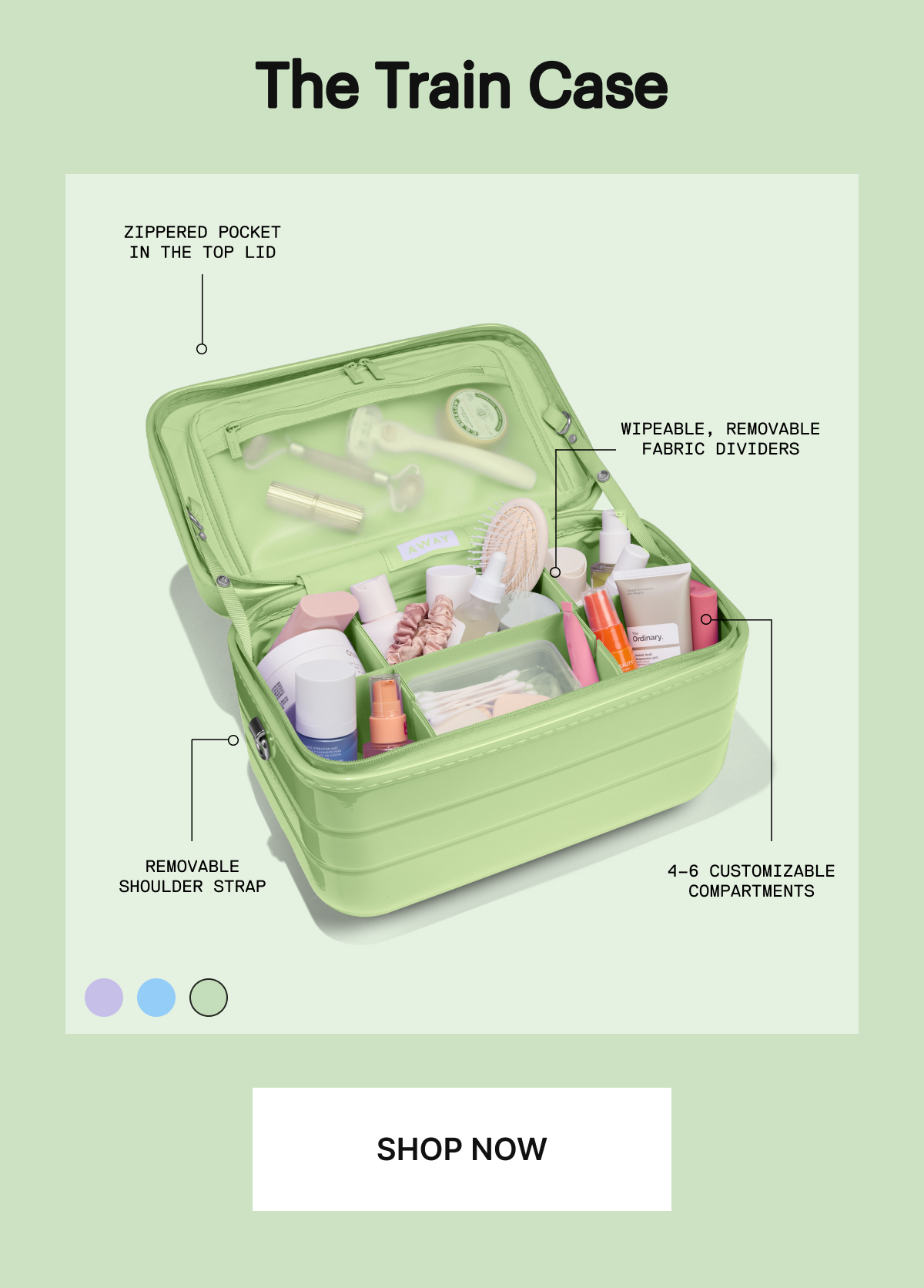 The Train Case | Zippered pocket in the top lid, Wipeable, removable fabric dividers,  4–6 customizable compartments, Removable shoulder strap, Top handle, Trolley sleeve