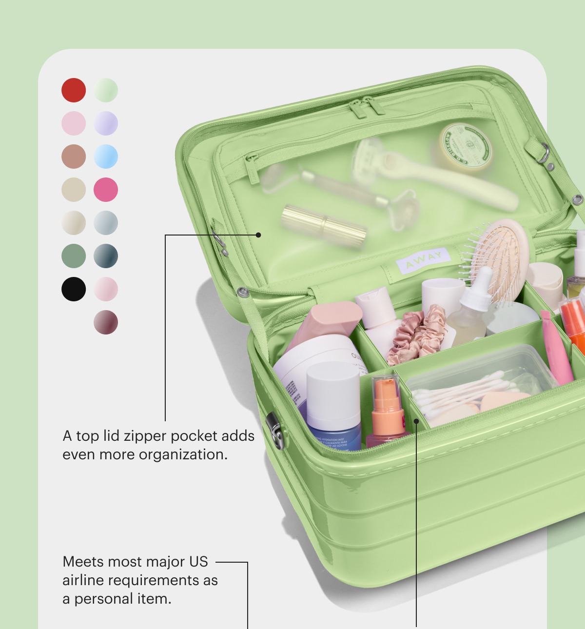 Three wipeable, Carry three ways, thanks to a removable and adjustable shoulder strap and a top handle | Meets most major US airline requirements as a personal item | A top lid zipper pocket adds even more organization.