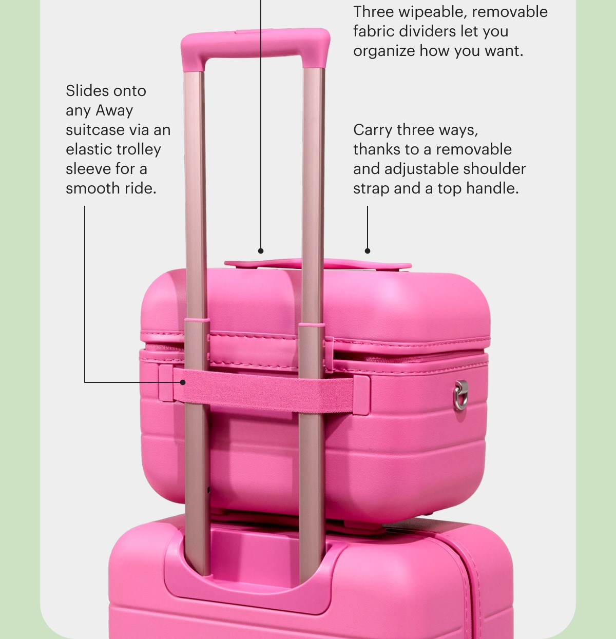 Three wipeable, removable fabric dividers let you organize how you want | Slides onto any Away suitcase via an elastic trolley sleeve for a smooth ride | Carry three ways, thanks to a removable and adjustable shoulder strap and a top handle.  