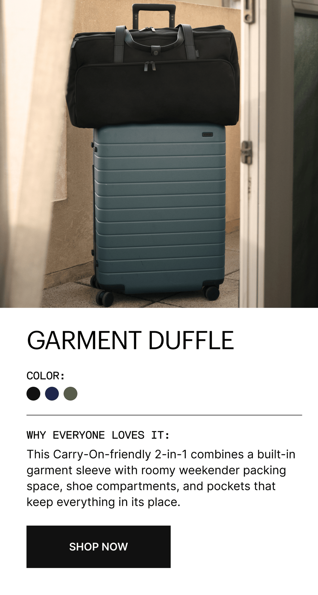 GARMENT DUFFLE | This Carry-On-friendly 2-in-1 combines a built-in garment sleeve with roomy weekender packing space, shoe compartments, and pockets that keep everything in its place.