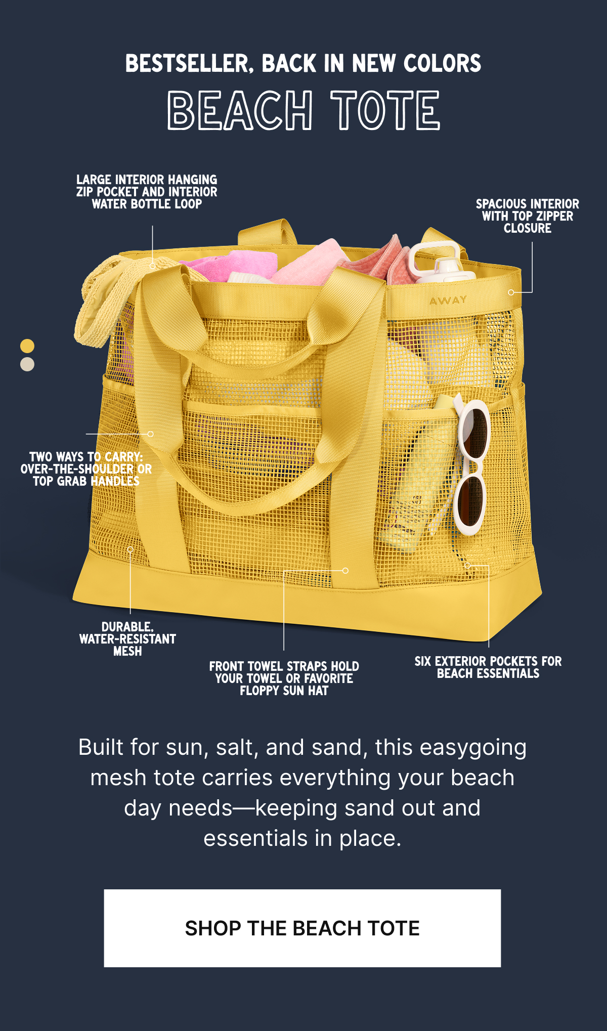 Built for sun, salt, and sand, this easygoing mesh tote carries everything your beach day needs—keeping sand out and essentials in place.