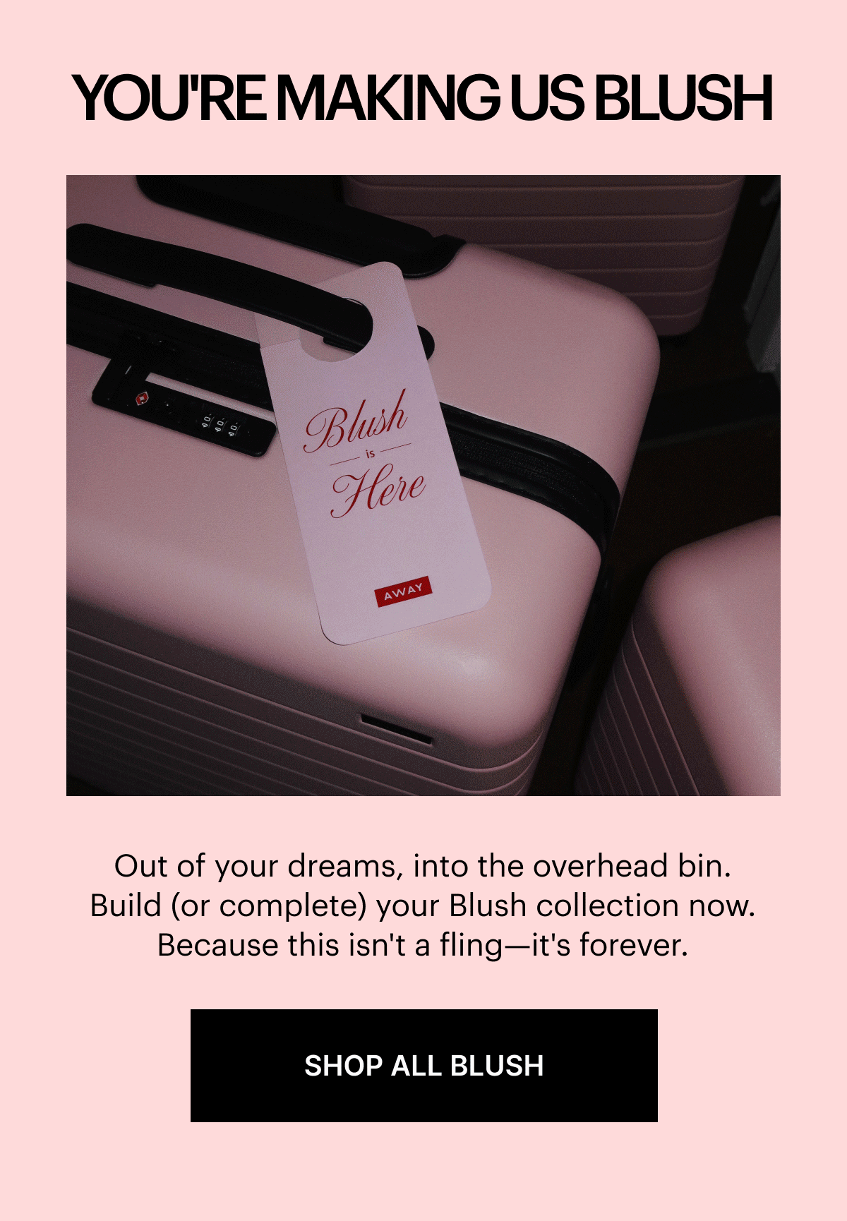 Out of your dreams, into the overhead bin. Build (or complete) your Blush collection now. Because this isn't a fling—it's forever. SHOP ALL BLUSH