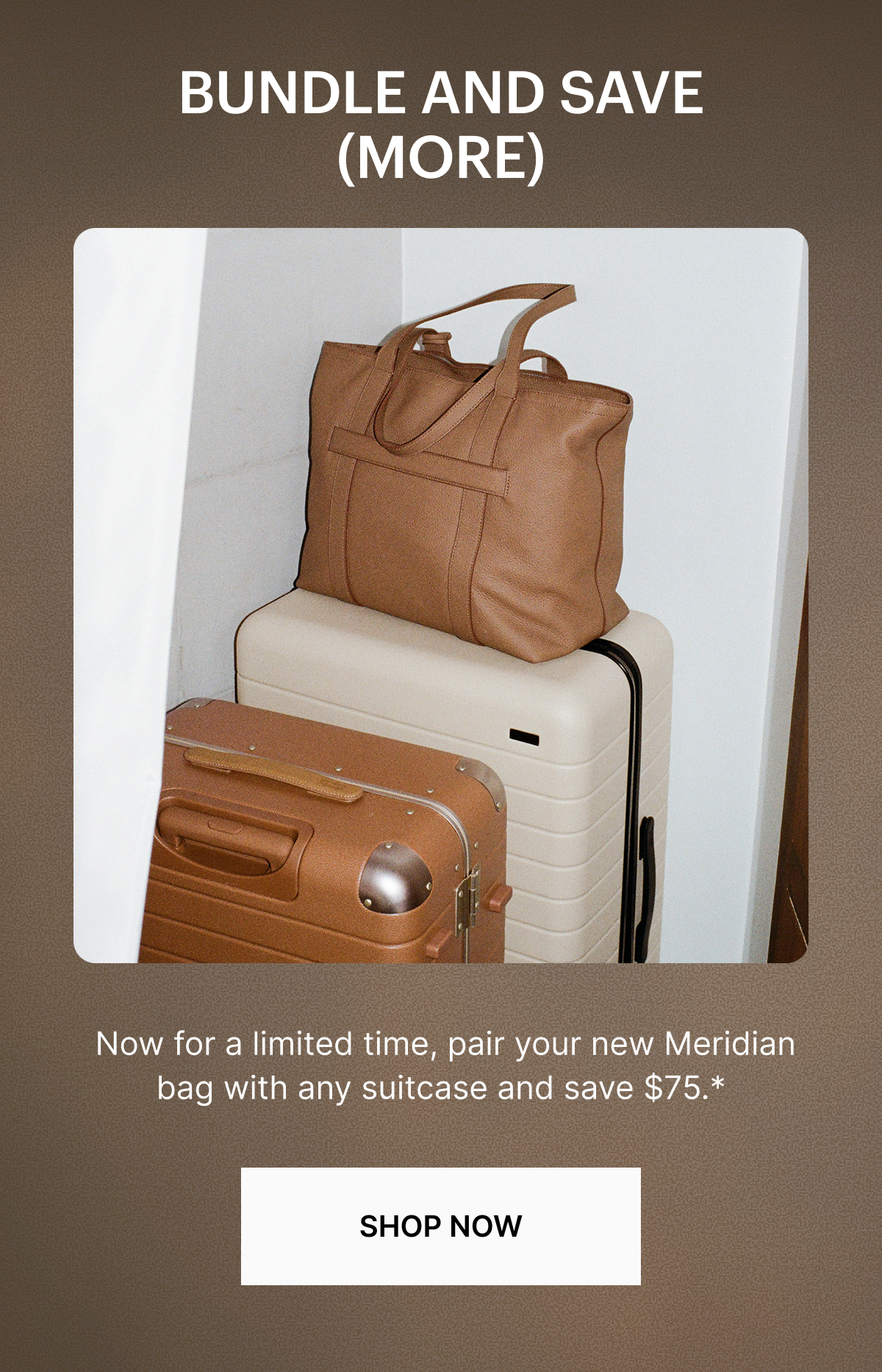 BUNDLE AND SAVE (MORE): Pair your new Meridian bag with any suitcase and save $75.*