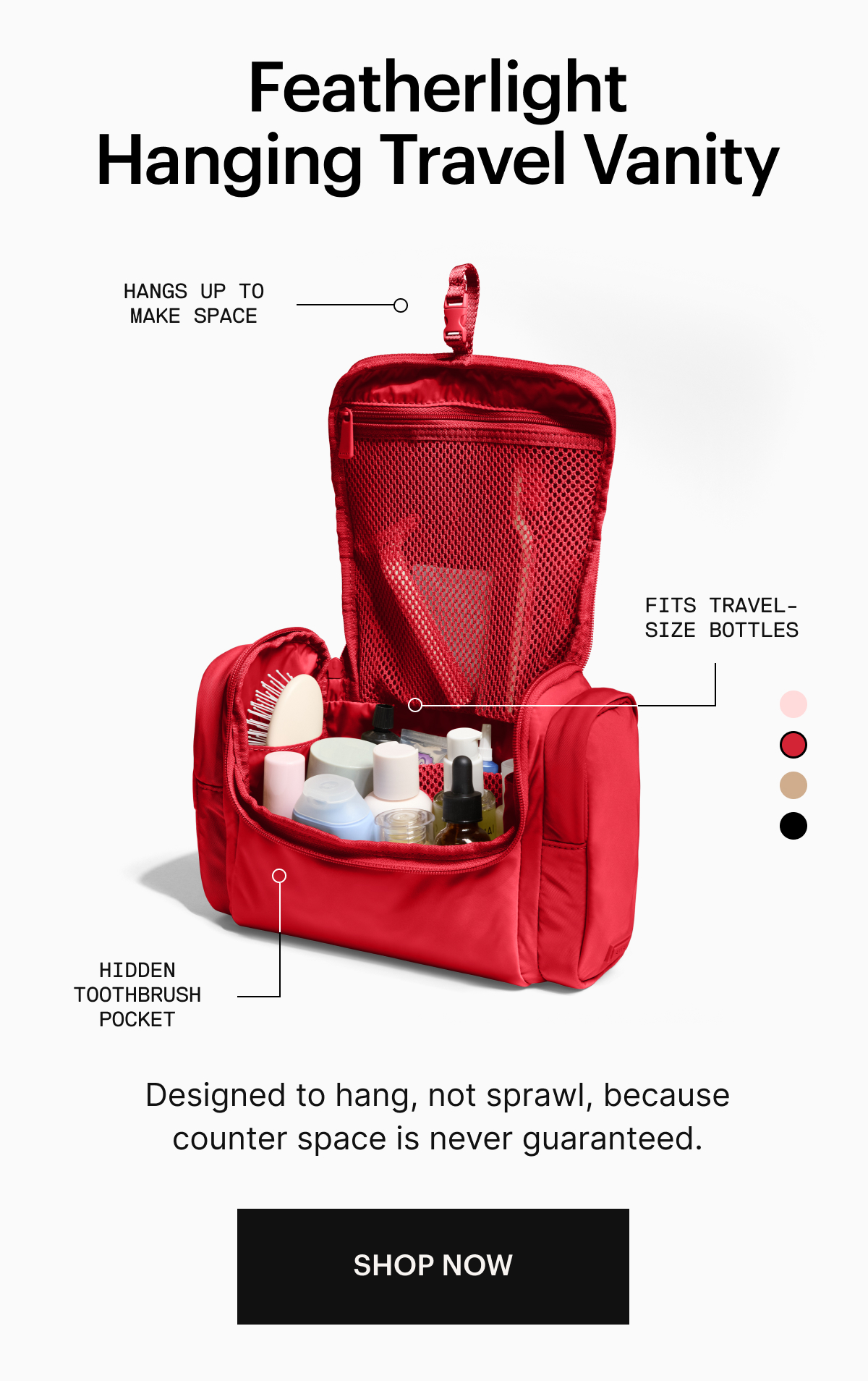 Featherlight Hanging Travel Vanity | Hangs up to make space, Fits travel-size bottles, Hidden toothbrush pocket 