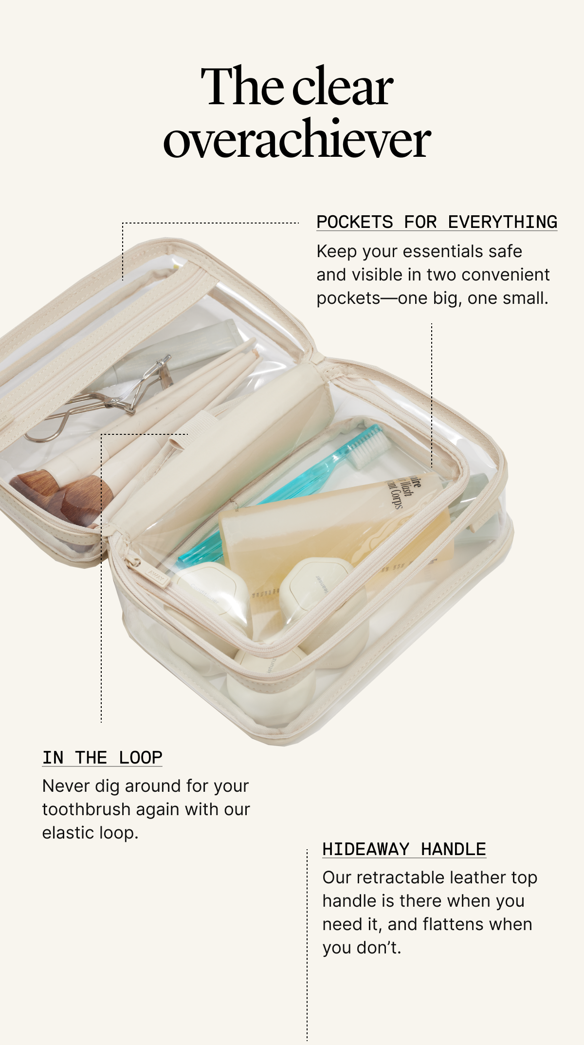 The clear overachiever:  Space for everything - Two compartments designed to fit travel-sized bottles and make packing a breeze. In the loop - Keep your toothbrush easily accessible with a branded elastic loop that holds it in place. 