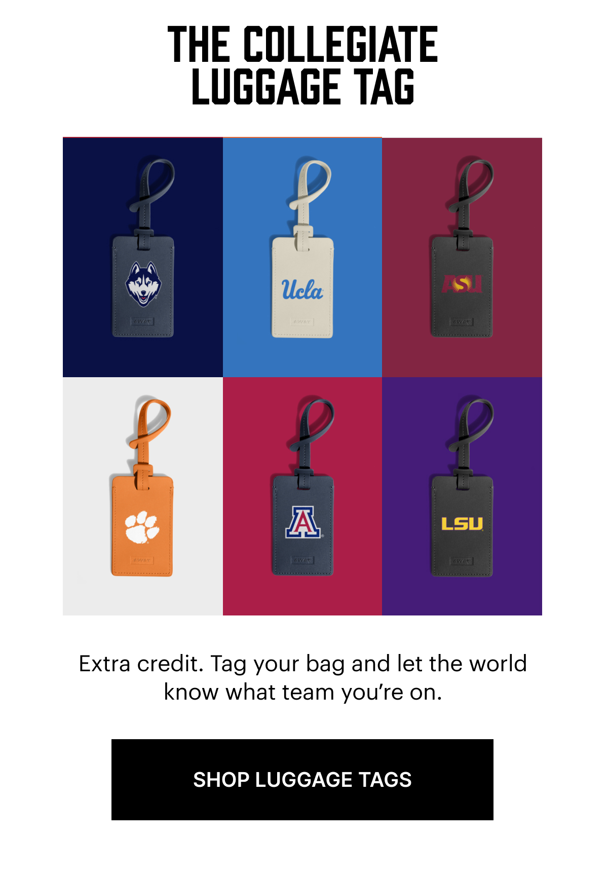 THE COLLEGIATE LUGGAGE TAG: Extra credit. Tag your bag and let the world know what team youʼre on.