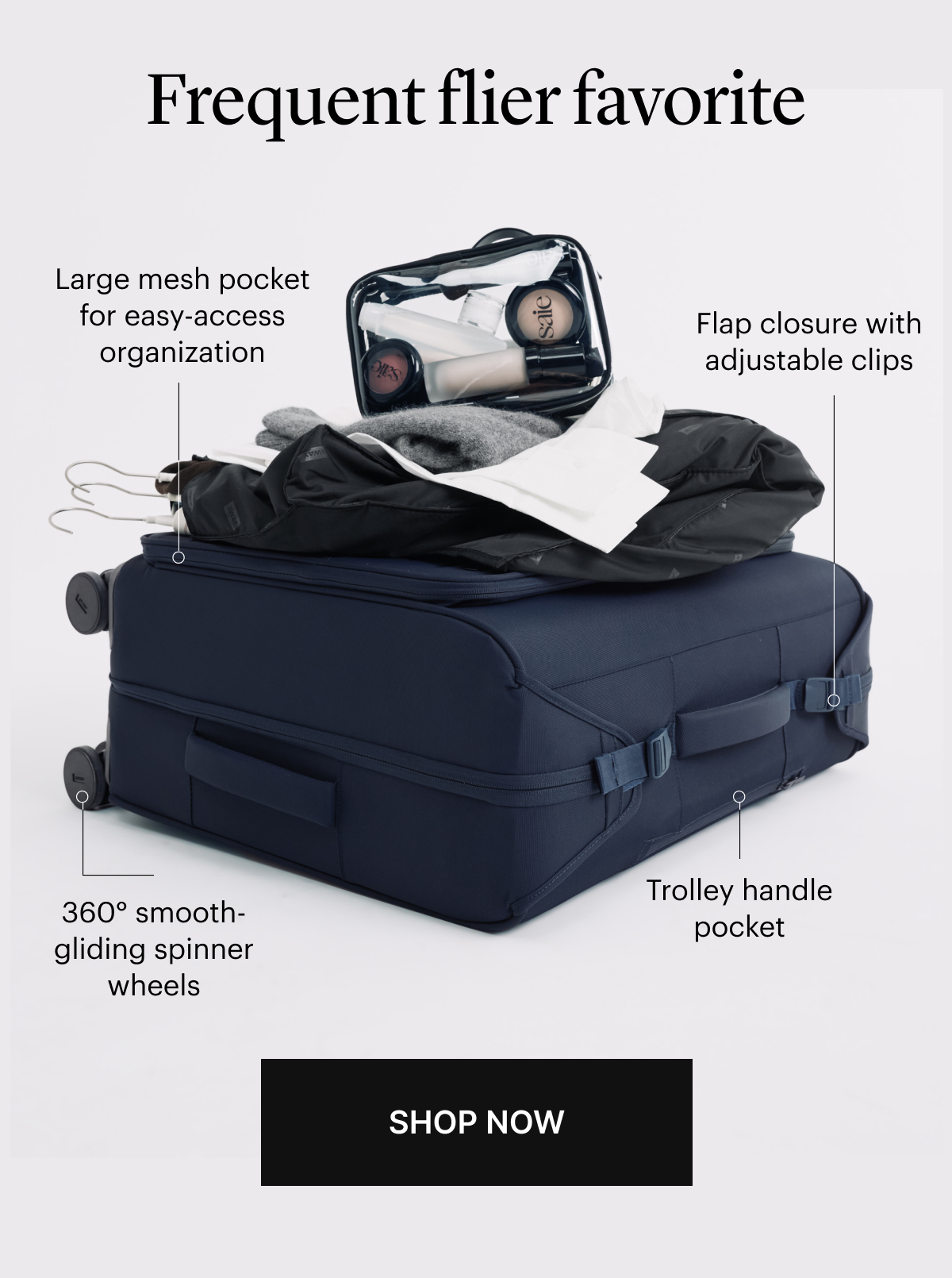 Frequent flier Filofax | Trolley handle pocket, Two elastic pockets, Large mesh pocket for easy-access organization, 360° smooth-gliding spinner wheels, Flap closure with adjustable clips