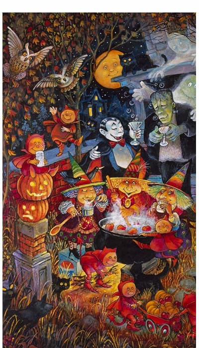 Prints of eerie haunted houses, sinister animals and monsters, skulls, witches, and more