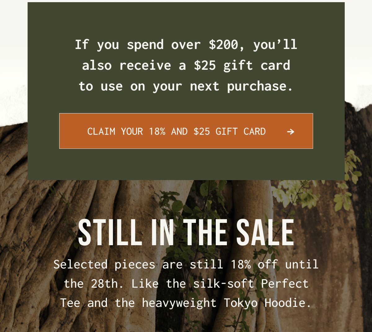 If you spend over $ 200, you'll also receive a $ 25 gift card to use on your next purchase. Claim your 18% and $ 25 gift card. Still in the sale selected pieces are still 18% off until the 28th. like the silk - soft perfect tee and the heavyweight tokyo hoodie.