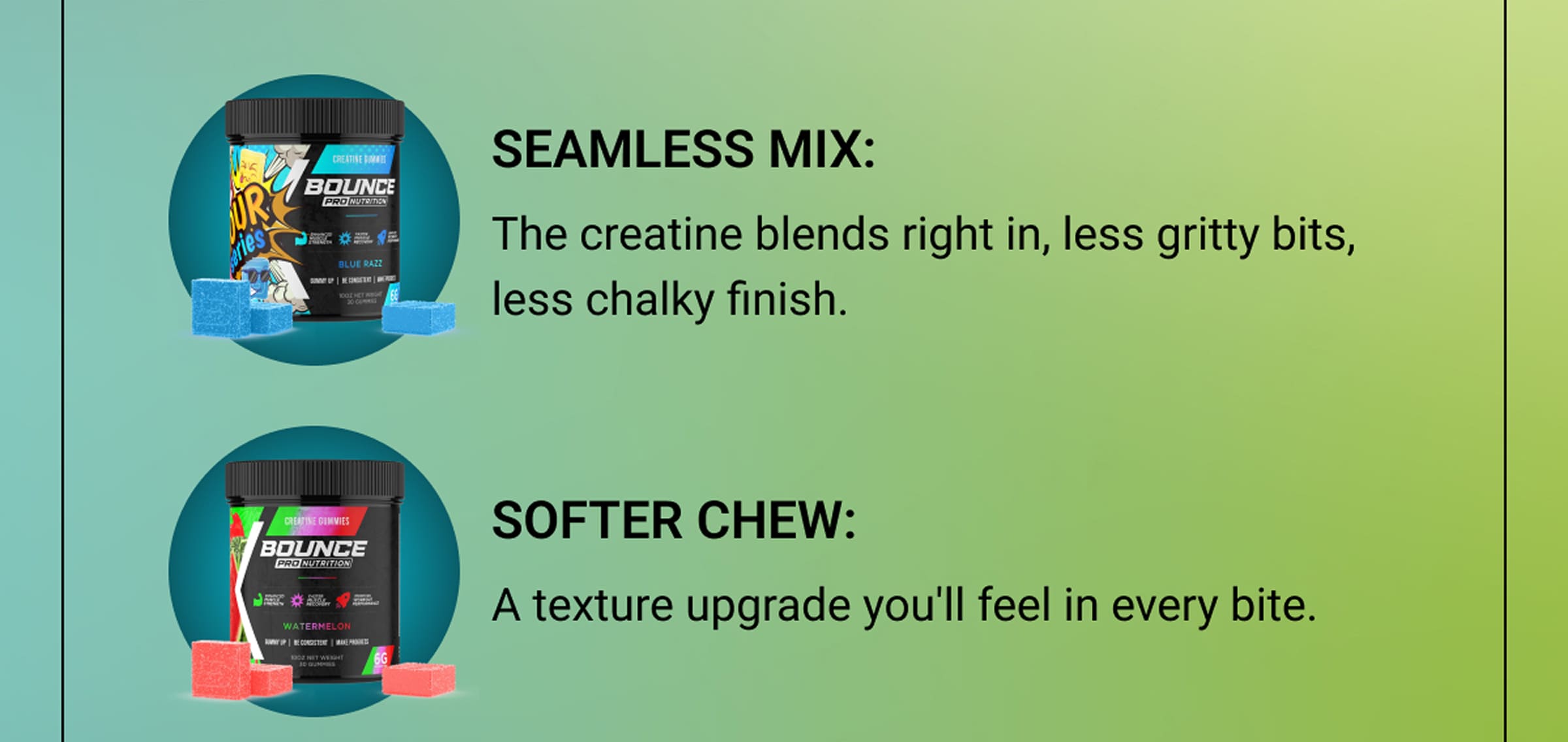 Seamless Mix: The creatine blends right in, less gritty bits, less chalky finish. | Softer Chew: A texture upgrade you'll feel in every bite.