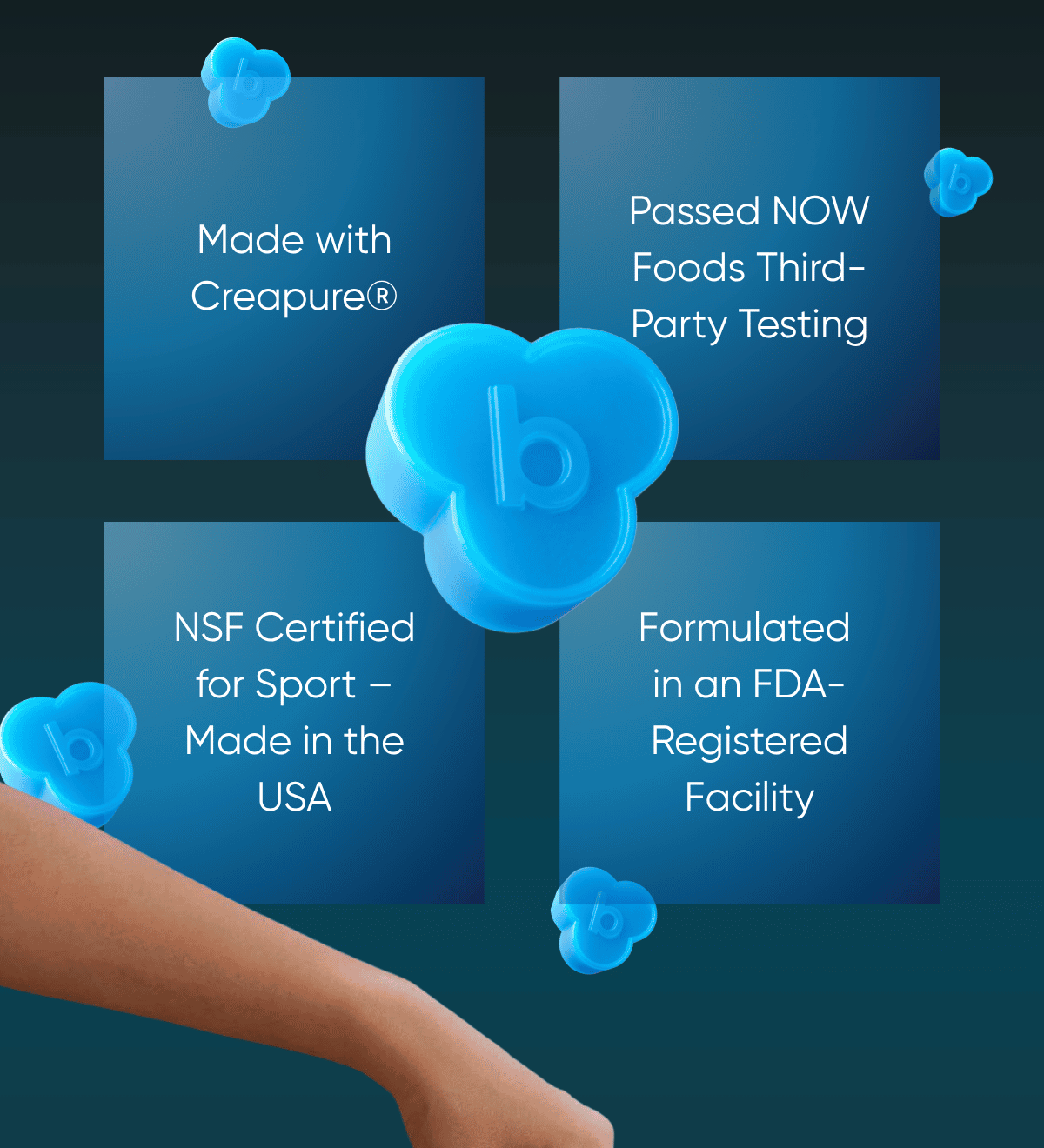 Made with Creapure®  Passed NOW Foods Third-Party Testing  NSF Certified for Sport – Made in the USA  Formulated  in an FDA-Registered Facility 